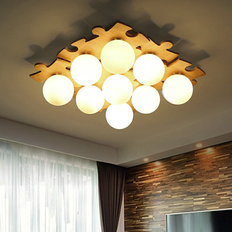 White Glass Ball Semi Flush Light Modern Wood Ceiling Mounted Light with Puzzle Design Clearhalo 'Ceiling Lights' 'Close To Ceiling Lights' 'Close to ceiling' Lighting' 2389854
