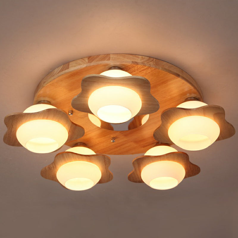 5 Lights Bedroom Flush Ceiling Light Modern Wood Flushmount with Flower Ivory Glass Shade Wood Clearhalo 'Ceiling Lights' 'Close To Ceiling Lights' 'Close to ceiling' Lighting' 2389862