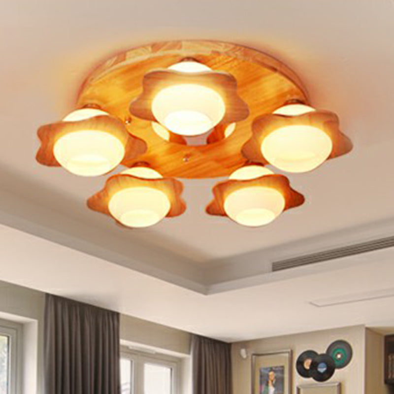 5 Lights Bedroom Flush Ceiling Light Modern Wood Flushmount with Flower Ivory Glass Shade Clearhalo 'Ceiling Lights' 'Close To Ceiling Lights' 'Close to ceiling' Lighting' 2389865