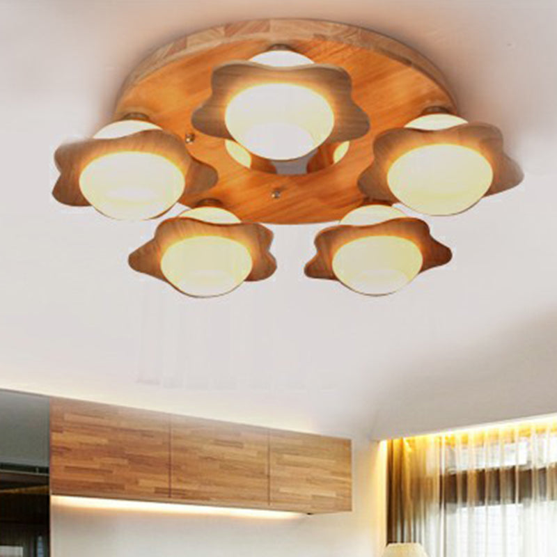 5 Lights Bedroom Flush Ceiling Light Modern Wood Flushmount with Flower Ivory Glass Shade Clearhalo 'Ceiling Lights' 'Close To Ceiling Lights' 'Close to ceiling' Lighting' 2389866