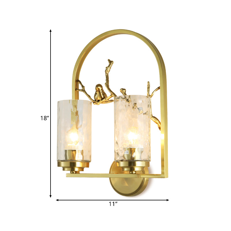 Cylindrical Sconce Light Traditionary Metal 1/2 Heads Gold Wall Lamp Fixture with Bird Deco Clearhalo 'Wall Lamps & Sconces' 'Wall Lights' Lighting' 238989