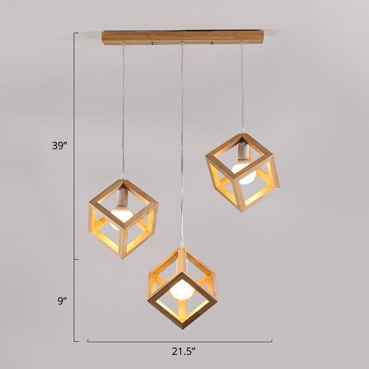 Wood Cube Cluster Pendant Light Contemporary 3-Head Suspension Light for Dining Room Wood Clearhalo 'Ceiling Lights' 'Modern Pendants' 'Modern' 'Pendant Lights' 'Pendants' Lighting' 2389898