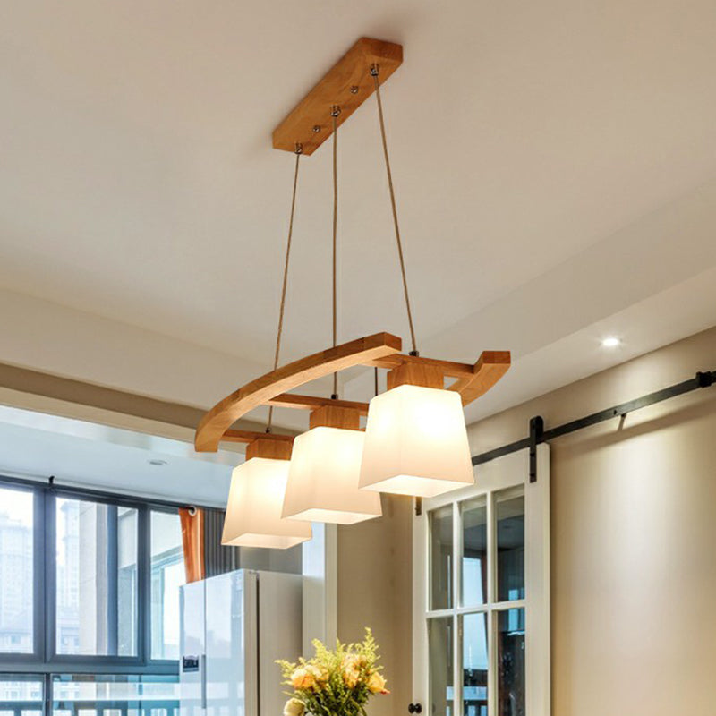 3 Lights Dining Room Ceiling Light Nordic Wood Island Pendant with Trapezoid White Glass Shade Clearhalo 'Ceiling Lights' 'Island Lights' Lighting' 2389899