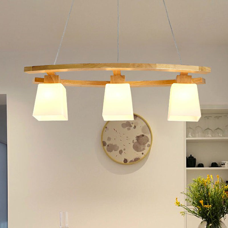 3 Lights Dining Room Ceiling Light Nordic Wood Island Pendant with Trapezoid White Glass Shade Clearhalo 'Ceiling Lights' 'Island Lights' Lighting' 2389903