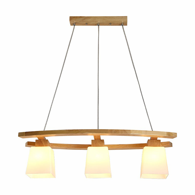 3 Lights Dining Room Ceiling Light Nordic Wood Island Pendant with Trapezoid White Glass Shade Clearhalo 'Ceiling Lights' 'Island Lights' Lighting' 2389904
