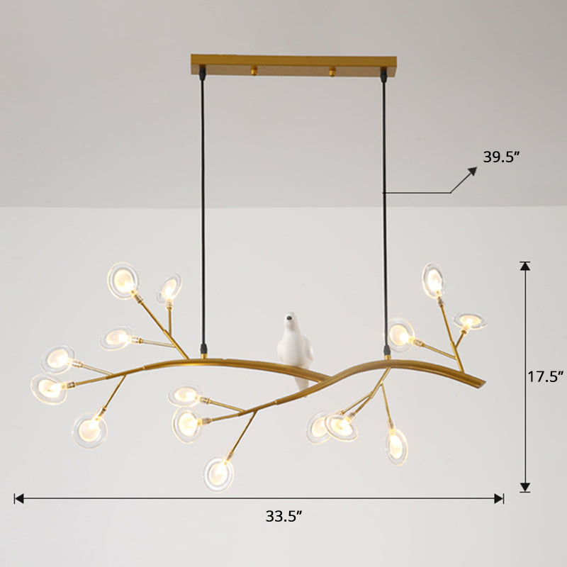 Tree Branch Island Light Postmodern Metal 15-Head Restaurant Hanging Lamp with Bird Decoration Gold Clear Clearhalo 'Ceiling Lights' 'Island Lights' Lighting' 2390003