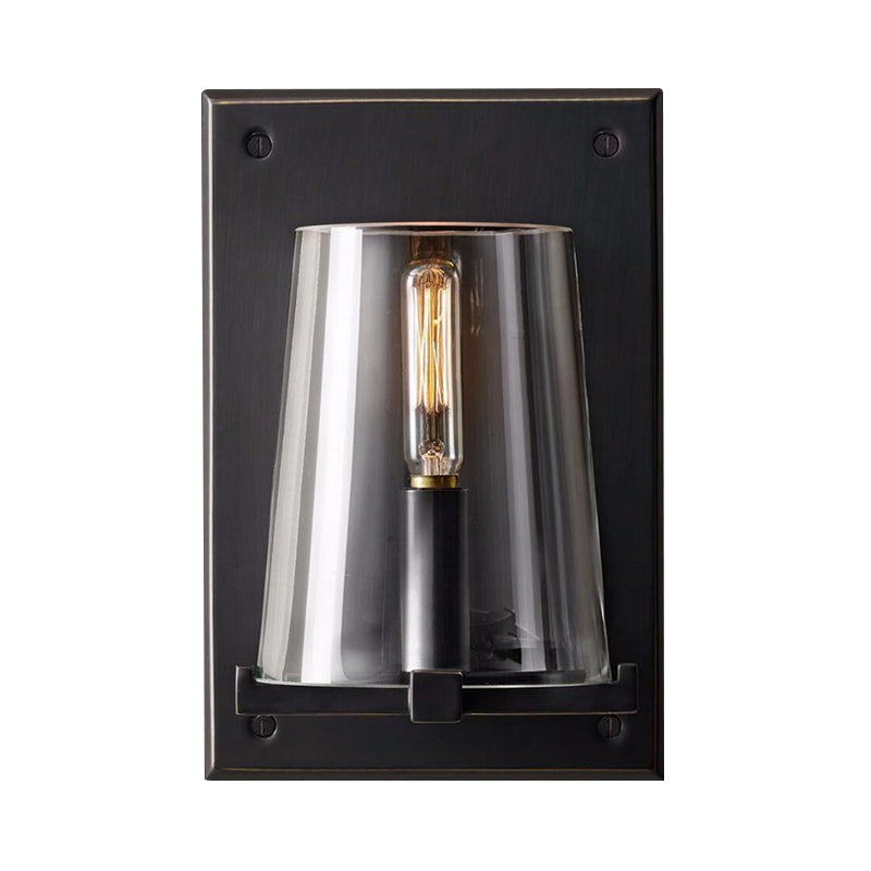 1 Bulb Living Room Sconce Lamp Tradition Black/Gold Wall Lighting Fixture with Cone Clear Glass Shade Clearhalo 'Wall Lamps & Sconces' 'Wall Lights' Lighting' 239001