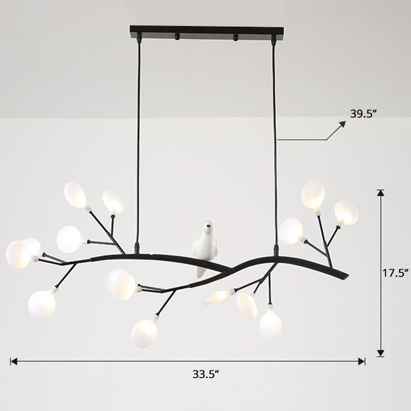 Tree Branch Island Light Postmodern Metal 15-Head Restaurant Hanging Lamp with Bird Decoration Black Milk White Clearhalo 'Ceiling Lights' 'Island Lights' Lighting' 2390012