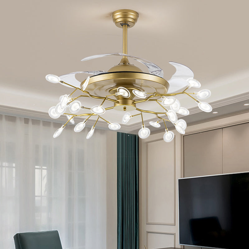 Remote Control Firefly Semi Flush Chandelier Postmodern Metal Dining Room Ceiling Fan Light, 42" W Clearhalo 'Ceiling Fans with Lights' 'Ceiling Fans' 'Modern Ceiling Fans' 'Modern' Lighting' 2390016