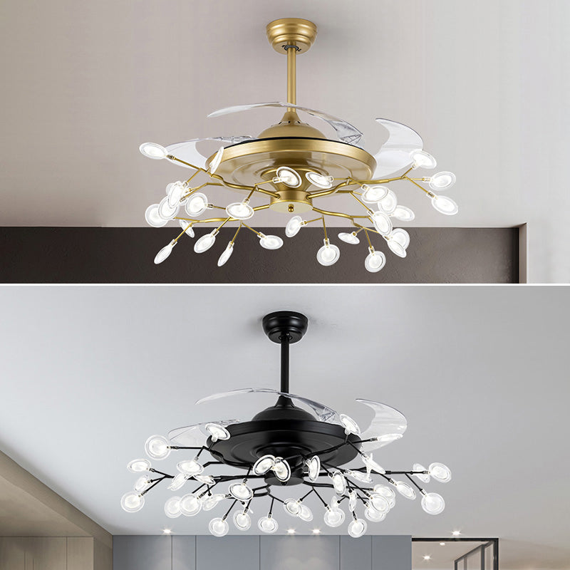 Remote Control Firefly Semi Flush Chandelier Postmodern Metal Dining Room Ceiling Fan Light, 42" W Clearhalo 'Ceiling Fans with Lights' 'Ceiling Fans' 'Modern Ceiling Fans' 'Modern' Lighting' 2390018