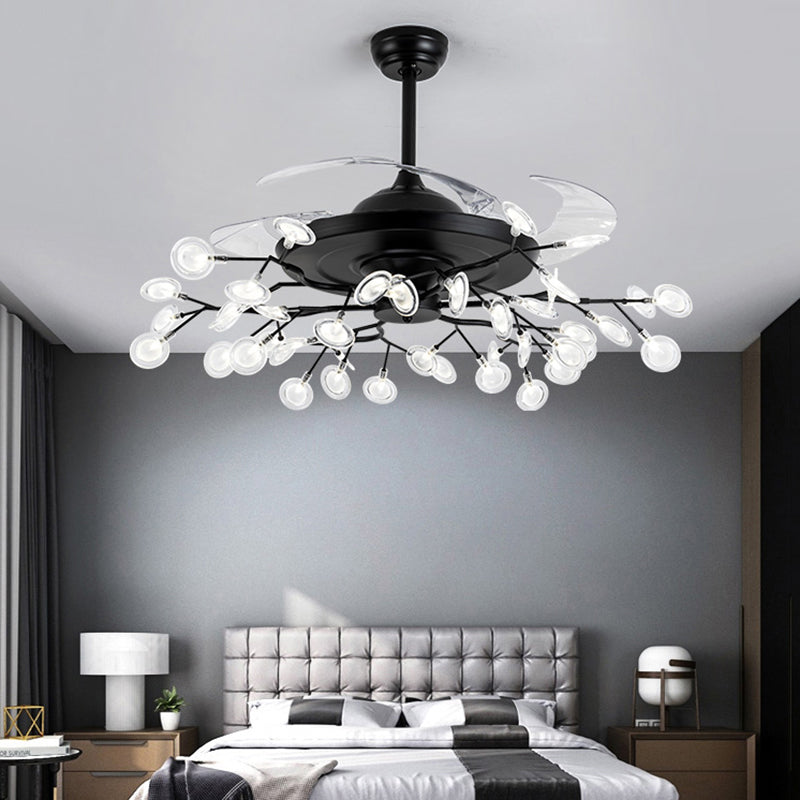 Remote Control Firefly Semi Flush Chandelier Postmodern Metal Dining Room Ceiling Fan Light, 42" W Clearhalo 'Ceiling Fans with Lights' 'Ceiling Fans' 'Modern Ceiling Fans' 'Modern' Lighting' 2390020