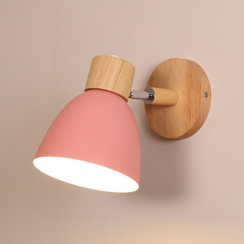 Macaron Swivelable Bell Shade Wall Lighting Metallic Single Bedroom Wall Mount Light with Wood Decor Pink Clearhalo 'Wall Lamps & Sconces' 'Wall Lights' Lighting' 2390047