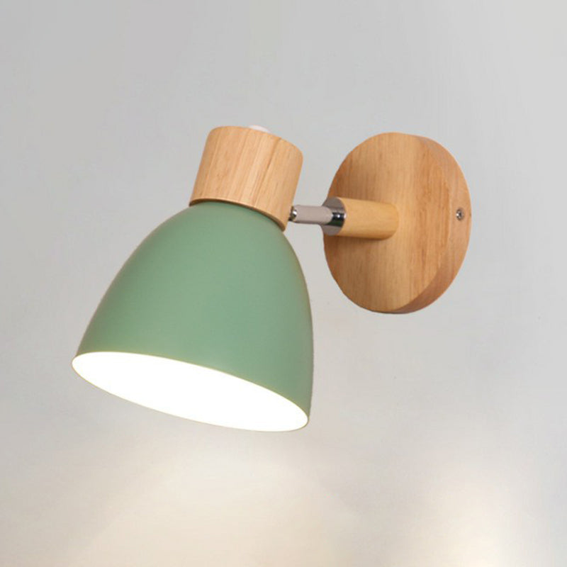 Macaron Swivelable Bell Shade Wall Lighting Metallic Single Bedroom Wall Mount Light with Wood Decor Green Clearhalo 'Wall Lamps & Sconces' 'Wall Lights' Lighting' 2390049