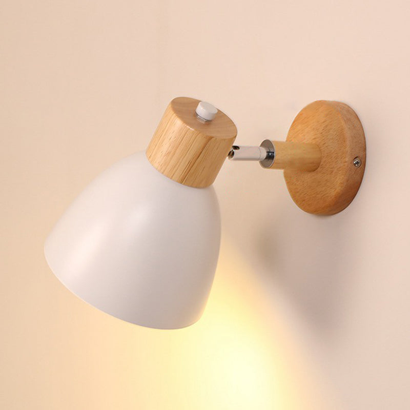 Macaron Swivelable Bell Shade Wall Lighting Metallic Single Bedroom Wall Mount Light with Wood Decor White Clearhalo 'Wall Lamps & Sconces' 'Wall Lights' Lighting' 2390050