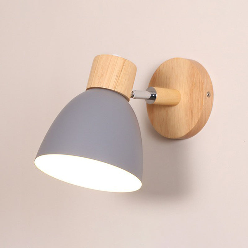 Macaron Swivelable Bell Shade Wall Lighting Metallic Single Bedroom Wall Mount Light with Wood Decor Grey Clearhalo 'Wall Lamps & Sconces' 'Wall Lights' Lighting' 2390052