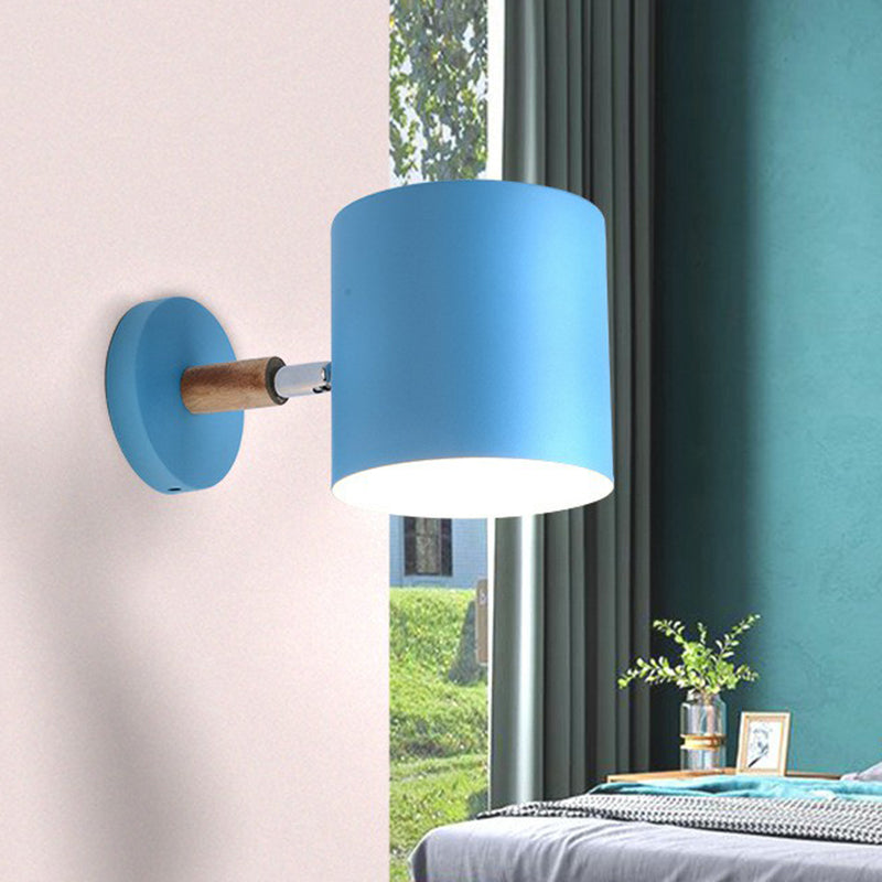 Iron Swivel Shade Reading Lamp Macaron 1 Head Wall Lighting Ideas for Childrens Bedroom Blue Cylinder Clearhalo 'Wall Lamps & Sconces' 'Wall Lights' Lighting' 2390055