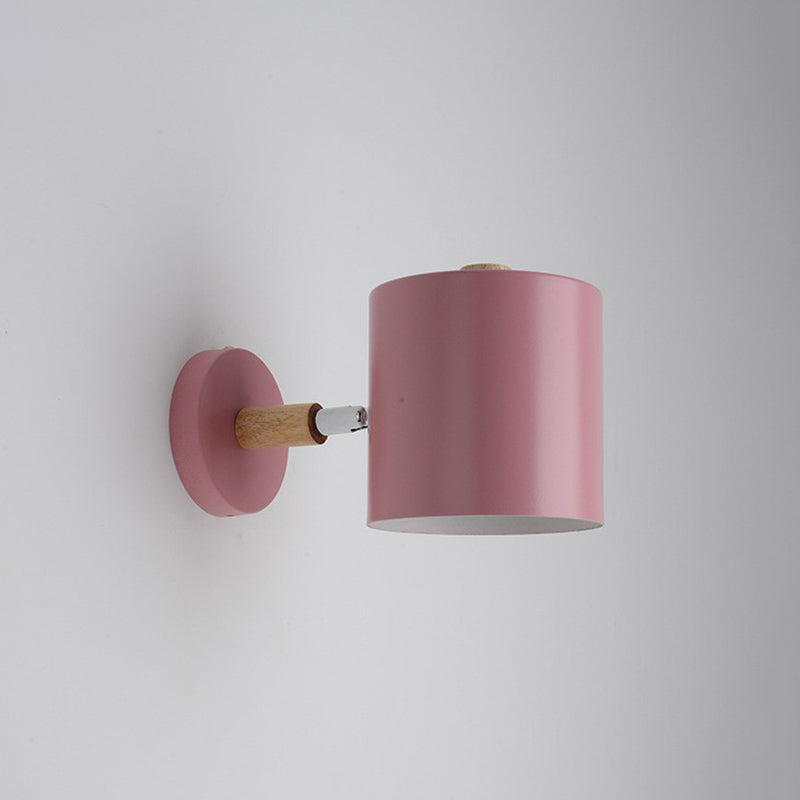 Iron Swivel Shade Reading Lamp Macaron 1 Head Wall Lighting Ideas for Childrens Bedroom Pink Cylinder Clearhalo 'Wall Lamps & Sconces' 'Wall Lights' Lighting' 2390060