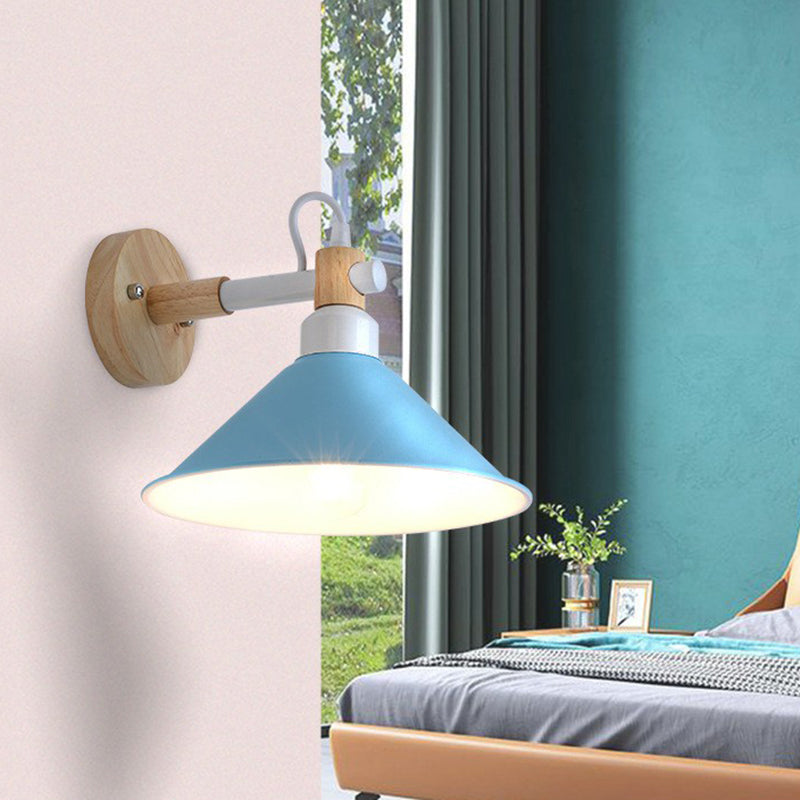 Iron Swivel Shade Reading Lamp Macaron 1 Head Wall Lighting Ideas for Childrens Bedroom Blue Wide Flare Clearhalo 'Wall Lamps & Sconces' 'Wall Lights' Lighting' 2390062