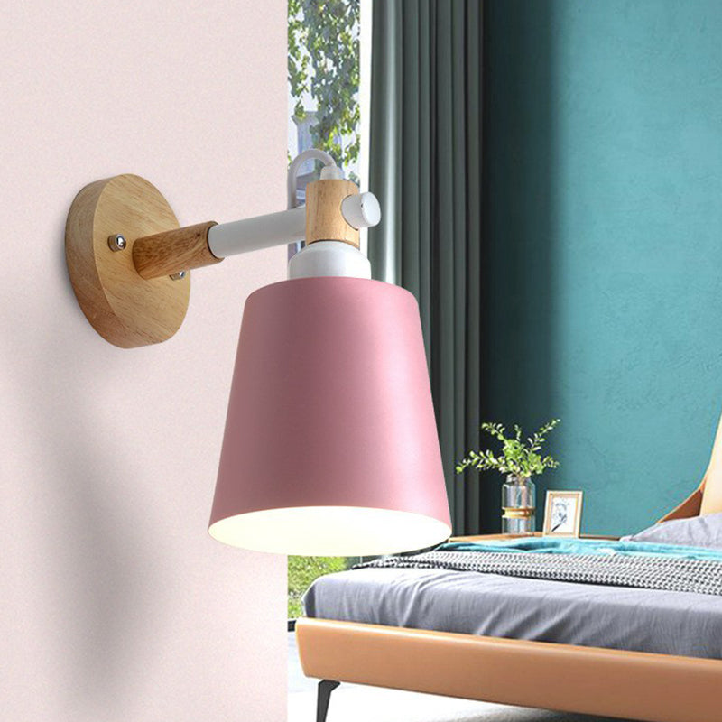 Iron Swivel Shade Reading Lamp Macaron 1 Head Wall Lighting Ideas for Childrens Bedroom Pink Long Cone Clearhalo 'Wall Lamps & Sconces' 'Wall Lights' Lighting' 2390066