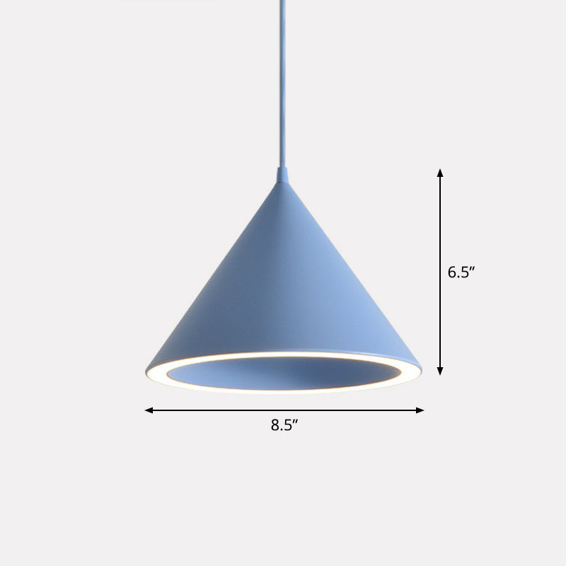 Aluminum Conic Pendant Light Nordic Style LED Hanging Ceiling Light for Dining Room Blue 8.5" Clearhalo 'Ceiling Lights' 'Pendant Lights' 'Pendants' Lighting' options 2390112_99b6c38d-5e62-413f-b5d9-61bcda438f7e