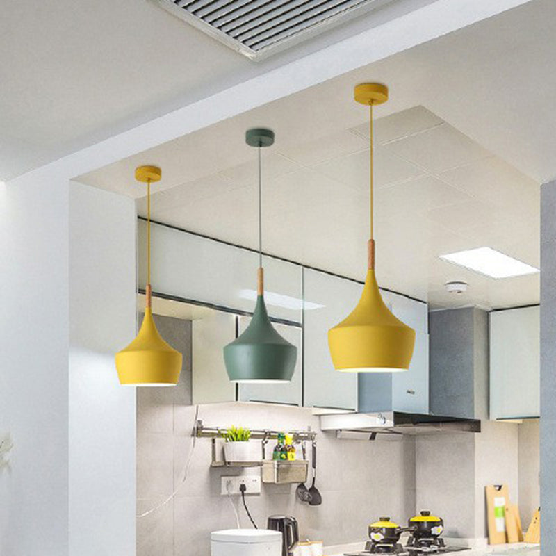 Tapered Shade Hanging Lamp Macaron Aluminum 1 Bulb Bedside Pendulum Light with Wooden Top Yellow Oval Clearhalo 'Ceiling Lights' 'Pendant Lights' 'Pendants' Lighting' 2390117