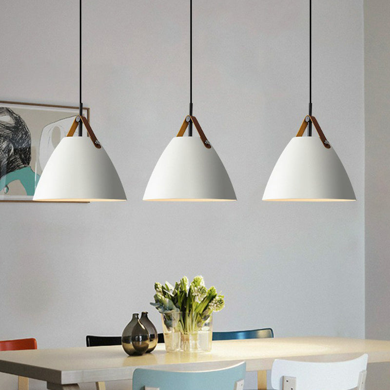 Macaron Conical Pendant Lamp Metallic 1 Head Dining Room Ceiling Light with Acrylic Diffuser and Leather Strap White Clearhalo 'Ceiling Lights' 'Pendant Lights' 'Pendants' Lighting' 2390122