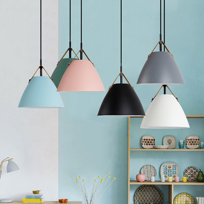 Macaron Conical Pendant Lamp Metallic 1 Head Dining Room Ceiling Light with Acrylic Diffuser and Leather Strap Clearhalo 'Ceiling Lights' 'Pendant Lights' 'Pendants' Lighting' 2390123