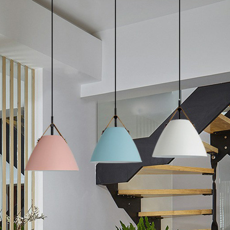 Macaron Conical Pendant Lamp Metallic 1 Head Dining Room Ceiling Light with Acrylic Diffuser and Leather Strap Blue Clearhalo 'Ceiling Lights' 'Pendant Lights' 'Pendants' Lighting' 2390124