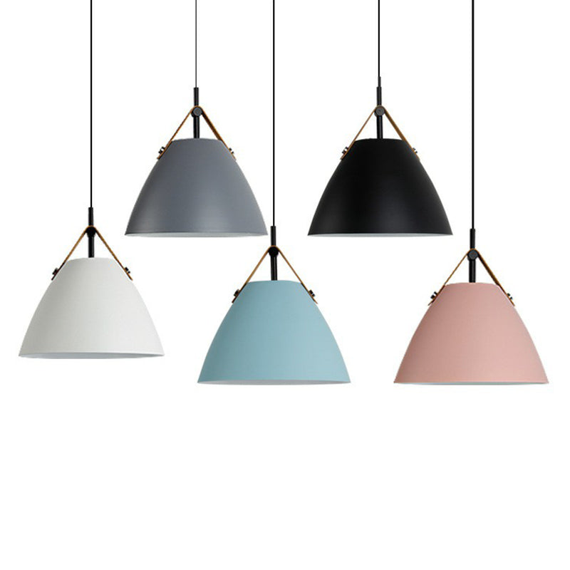 Macaron Conical Pendant Lamp Metallic 1 Head Dining Room Ceiling Light with Acrylic Diffuser and Leather Strap Black Clearhalo 'Ceiling Lights' 'Pendant Lights' 'Pendants' Lighting' 2390125