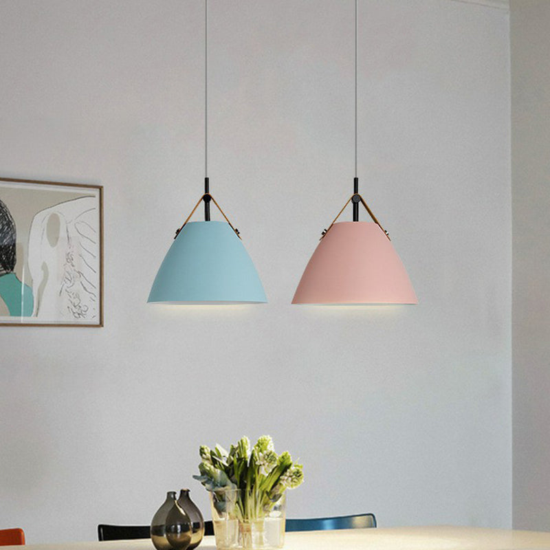 Macaron Conical Pendant Lamp Metallic 1 Head Dining Room Ceiling Light with Acrylic Diffuser and Leather Strap Pink Clearhalo 'Ceiling Lights' 'Pendant Lights' 'Pendants' Lighting' 2390127