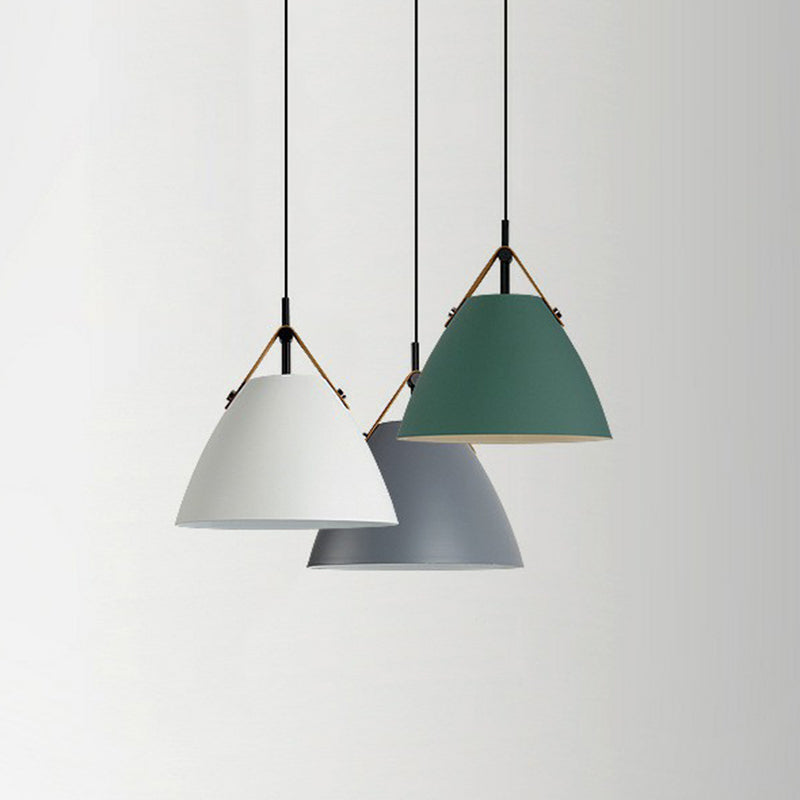 Macaron Conical Pendant Lamp Metallic 1 Head Dining Room Ceiling Light with Acrylic Diffuser and Leather Strap Green Clearhalo 'Ceiling Lights' 'Pendant Lights' 'Pendants' Lighting' 2390128