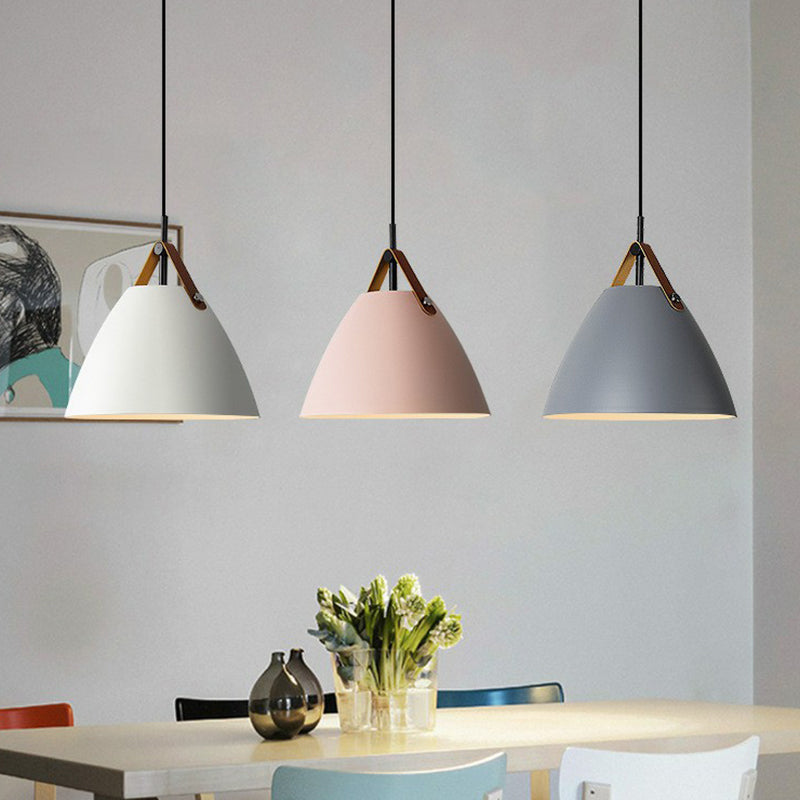 Macaron Conical Pendant Lamp Metallic 1 Head Dining Room Ceiling Light with Acrylic Diffuser and Leather Strap Clearhalo 'Ceiling Lights' 'Pendant Lights' 'Pendants' Lighting' 2390129