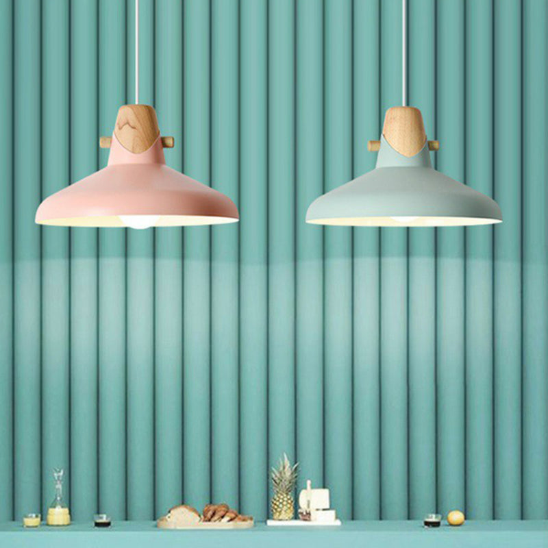 Tapered Restaurant Ceiling Hang Light Metal 1 Bulb Macaron Pendant Light with Wooden Decor 13" Clearhalo 'Ceiling Lights' 'Pendant Lights' 'Pendants' Lighting' 2390160