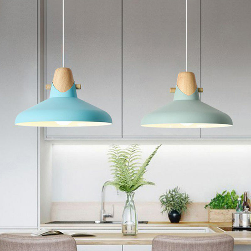 Tapered Restaurant Ceiling Hang Light Metal 1 Bulb Macaron Pendant Light with Wooden Decor Blue 13" Clearhalo 'Ceiling Lights' 'Pendant Lights' 'Pendants' Lighting' 2390161