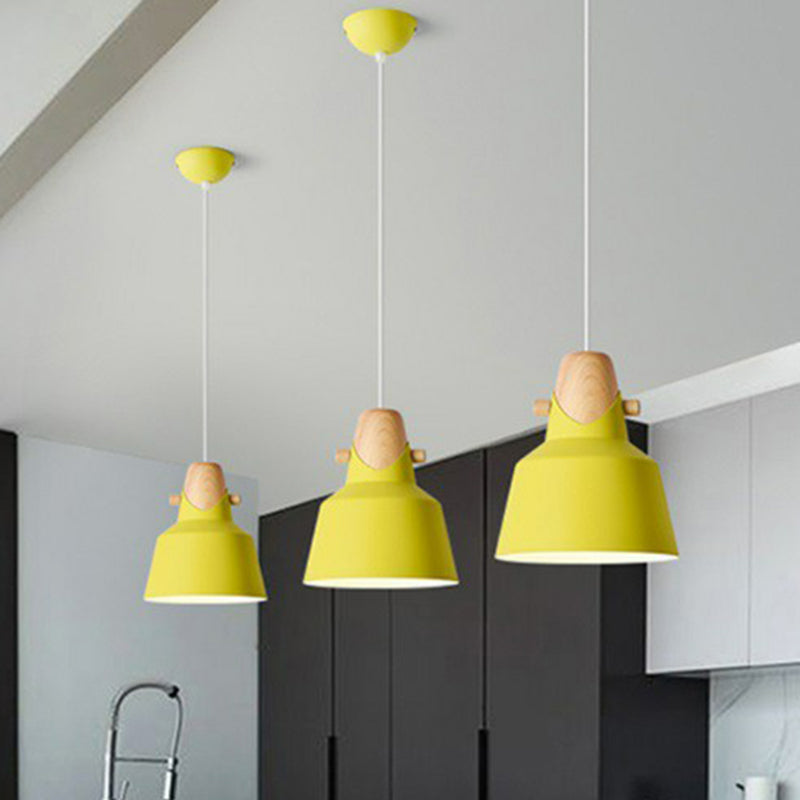 Tapered Restaurant Ceiling Hang Light Metal 1 Bulb Macaron Pendant Light with Wooden Decor Yellow 6" Clearhalo 'Ceiling Lights' 'Pendant Lights' 'Pendants' Lighting' 2390163