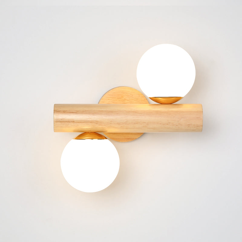 White Glass Ball Rotating Wall Lamp Nordic 2 Bulbs Wood Wall Mounted Light for Bedroom Wood Clearhalo 'Modern wall lights' 'Modern' 'Wall Lamps & Sconces' 'Wall Lights' Lighting' 2390274