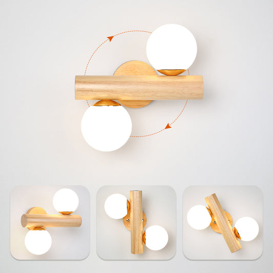 White Glass Ball Rotating Wall Lamp Nordic 2 Bulbs Wood Wall Mounted Light for Bedroom Clearhalo 'Modern wall lights' 'Modern' 'Wall Lamps & Sconces' 'Wall Lights' Lighting' 2390277