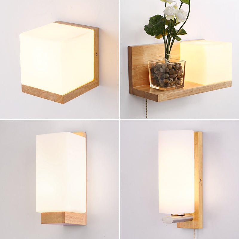 Geometric Stairs Wall Lighting Cream Glass Single Minimalist Flush Wall Sconce in Wood Clearhalo 'Modern wall lights' 'Modern' 'Wall Lamps & Sconces' 'Wall Lights' Lighting' 2390280