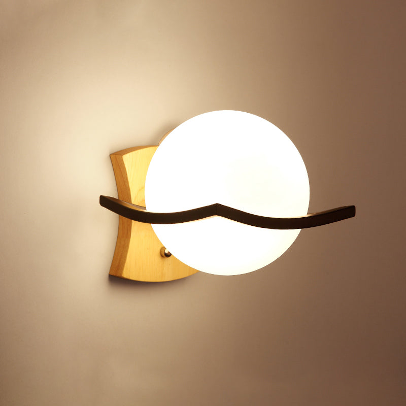 Geometric Stairs Wall Lighting Cream Glass Single Minimalist Flush Wall Sconce in Wood Wood Globe Clearhalo 'Modern wall lights' 'Modern' 'Wall Lamps & Sconces' 'Wall Lights' Lighting' 2390288