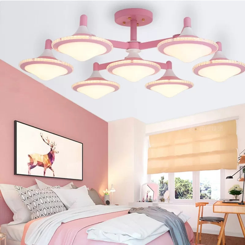 Contemporary Undertint Ceiling Light Gyro Shape 7 Lights Wood Flush Mount Light for Living Room Pink Clearhalo 'Ceiling Lights' 'Close To Ceiling Lights' 'Close to ceiling' 'Semi-flushmount' Lighting' 23903