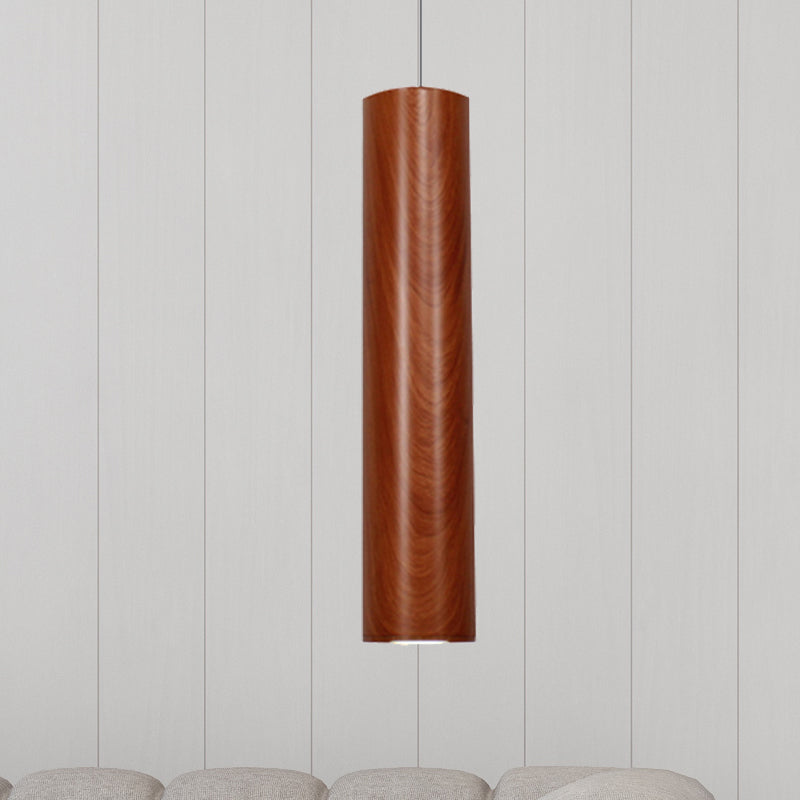 Cylinder Ceiling Light with Wood Grain Shade Modern Metal Brown Living Room Pendant Light in Warm/White, 11"/19"/27" Height Brown White Clearhalo 'Ceiling Lights' 'Modern Pendants' 'Modern' 'Pendant Lights' 'Pendants' Lighting' 239033