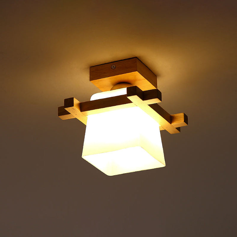 1-Light Balcony Flushmount Ceiling Lamp Simple Wood Semi Flush Light with Trapezoid Hand-Blown Milk Glass Shade Clearhalo 'Ceiling Lights' 'Close To Ceiling Lights' 'Close to ceiling' 'Semi-flushmount' Lighting' 2390330