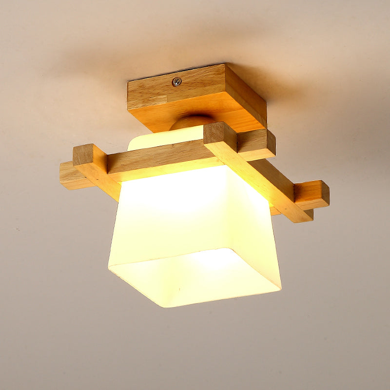1-Light Balcony Flushmount Ceiling Lamp Simple Wood Semi Flush Light with Trapezoid Hand-Blown Milk Glass Shade Clearhalo 'Ceiling Lights' 'Close To Ceiling Lights' 'Close to ceiling' 'Semi-flushmount' Lighting' 2390331