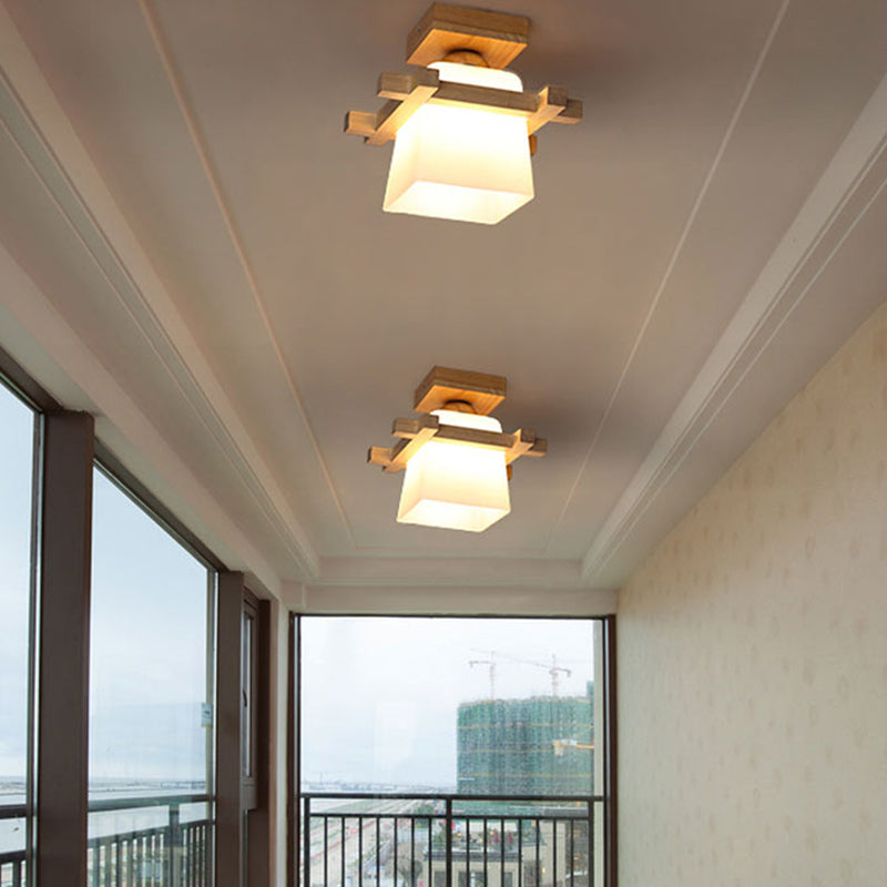 1-Light Balcony Flushmount Ceiling Lamp Simple Wood Semi Flush Light with Trapezoid Hand-Blown Milk Glass Shade Clearhalo 'Ceiling Lights' 'Close To Ceiling Lights' 'Close to ceiling' 'Semi-flushmount' Lighting' 2390332