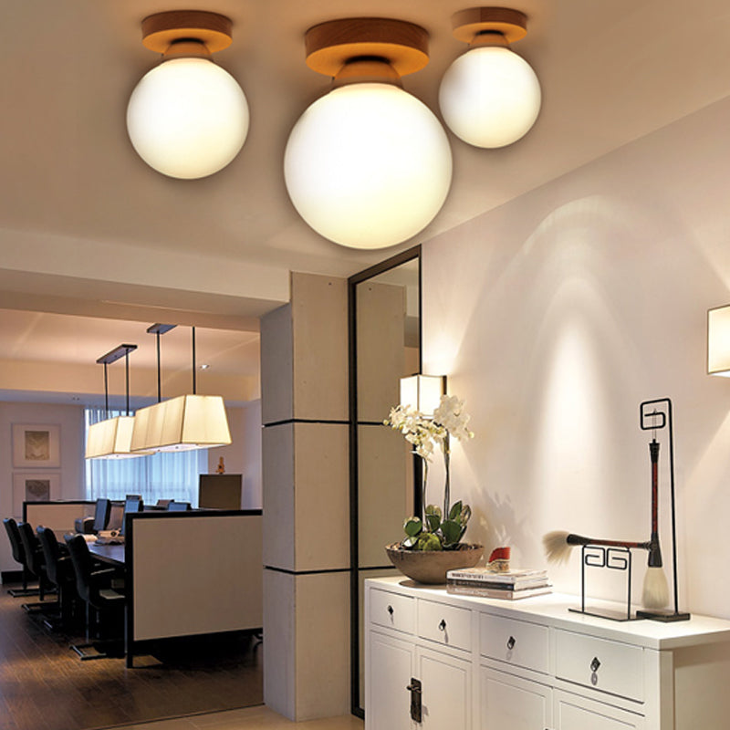 Sphere Corridor Ceiling Lighting Blown White Glass 1 Head Simple Style Flush Light in Wood Wood Clearhalo 'Ceiling Lights' 'Close To Ceiling Lights' 'Close to ceiling' 'Flush mount' Lighting' 2390353