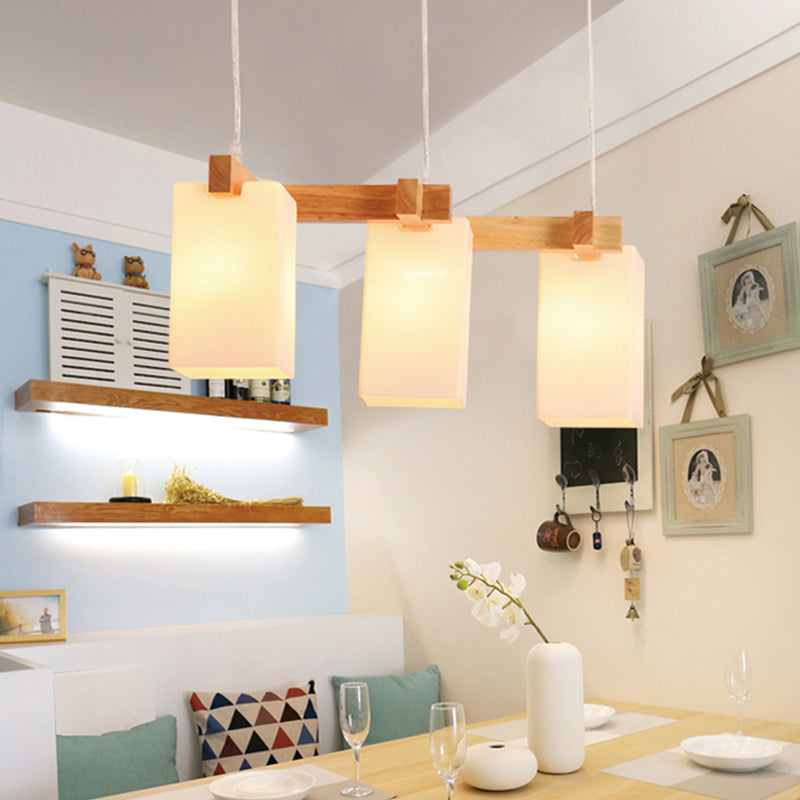 Opaline Glass Rectangular Island Light Simplicity 3-Head Wood Ceiling Pendant Light Clearhalo 'Ceiling Lights' 'Island Lights' Lighting' 2390419