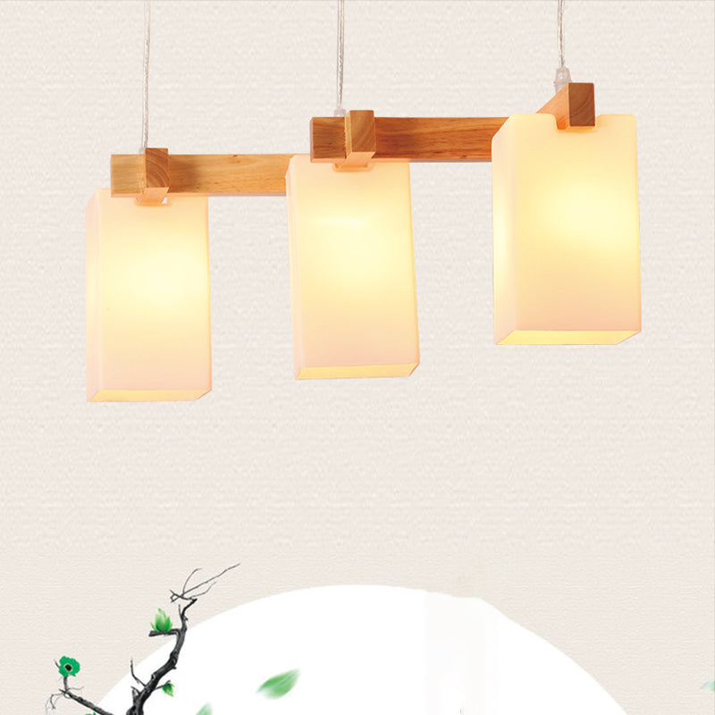 Opaline Glass Rectangular Island Light Simplicity 3-Head Wood Ceiling Pendant Light Clearhalo 'Ceiling Lights' 'Island Lights' Lighting' 2390421