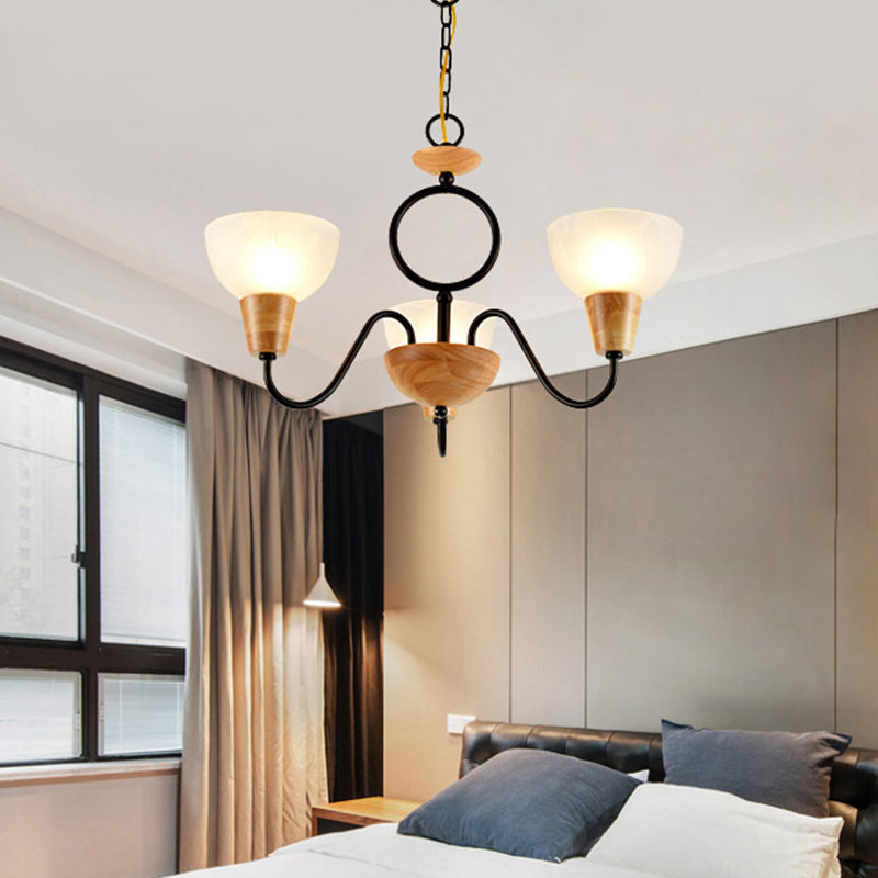 Opal Frosted Glass Bowl Up Chandelier Nordic Wood and Black Ceiling Light for Bedroom 3 Wood Clearhalo 'Ceiling Lights' 'Chandeliers' 'Modern Chandeliers' 'Modern' Lighting' 2390444