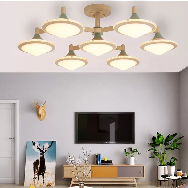 Contemporary Undertint Ceiling Light Gyro Shape 7 Lights Wood Flush Mount Light for Living Room Brown Clearhalo 'Ceiling Lights' 'Close To Ceiling Lights' 'Close to ceiling' 'Semi-flushmount' Lighting' 23907