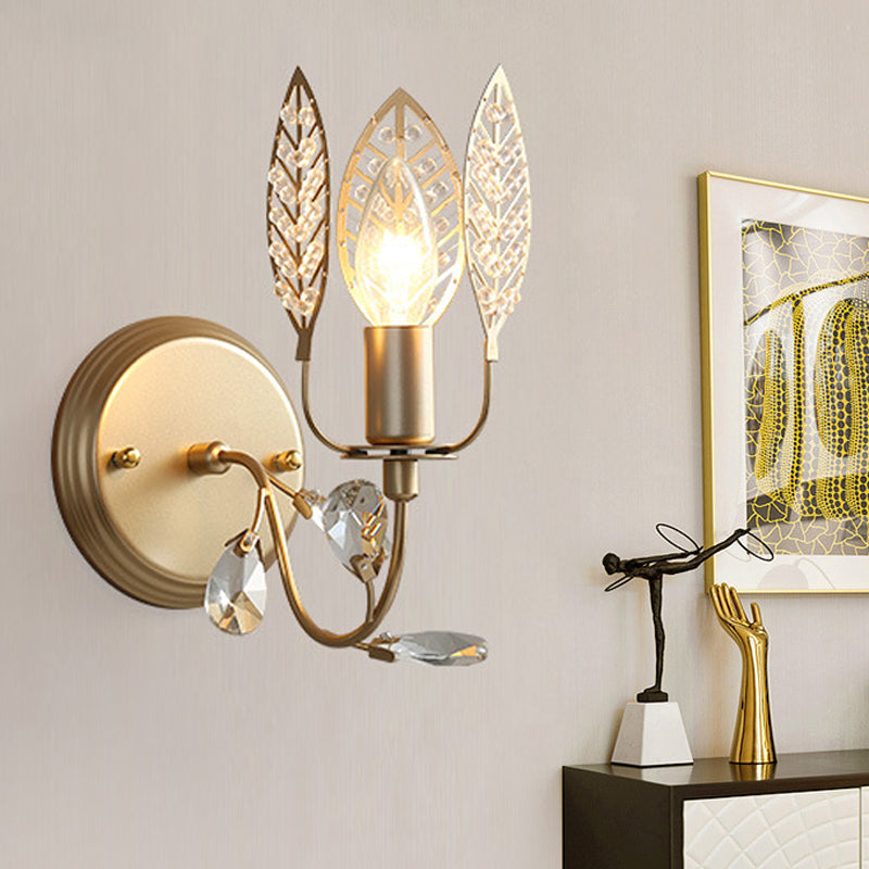 Leaf Metal Wall Light Tradition 1 Head Gold Flush Mount Wall Sconce with Crystal Bead for Bedside Gold Clearhalo 'Wall Lamps & Sconces' 'Wall Lights' Lighting' 239136